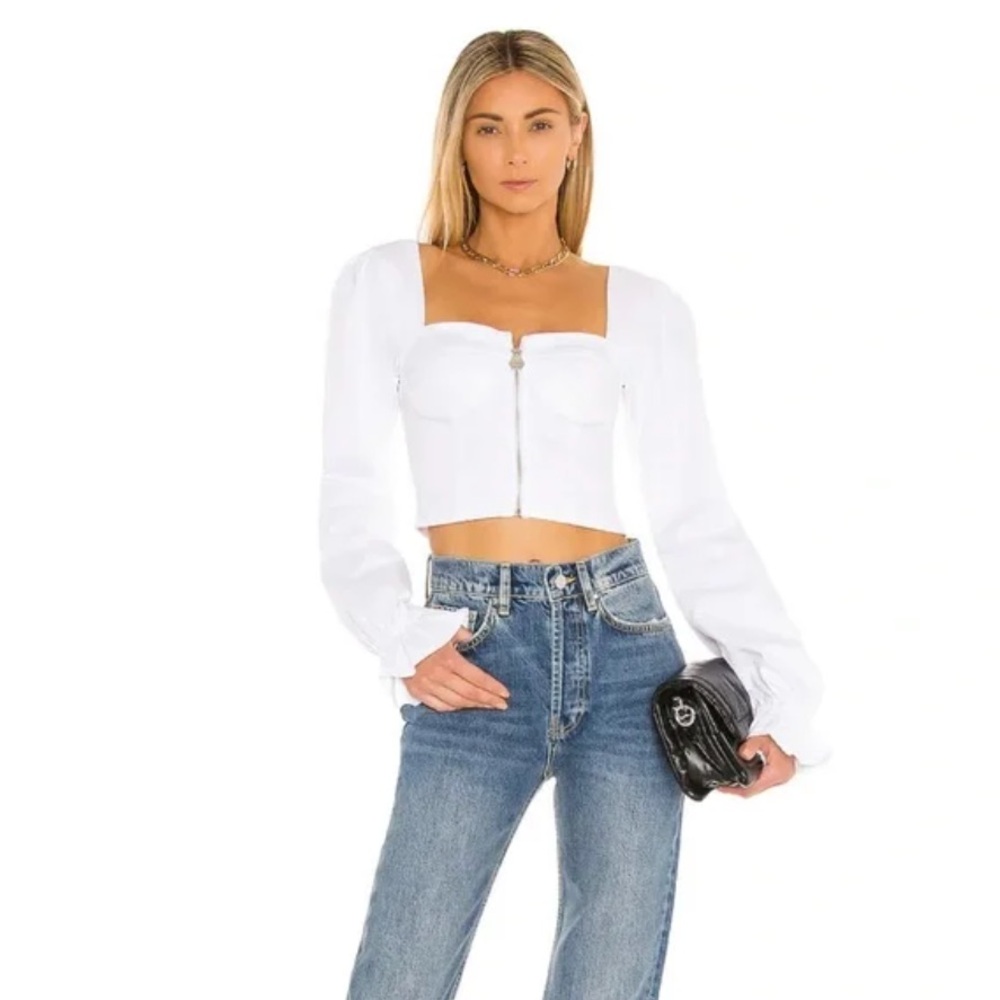 OW Collection White Denim Bustier Crop Top Long Sleeve